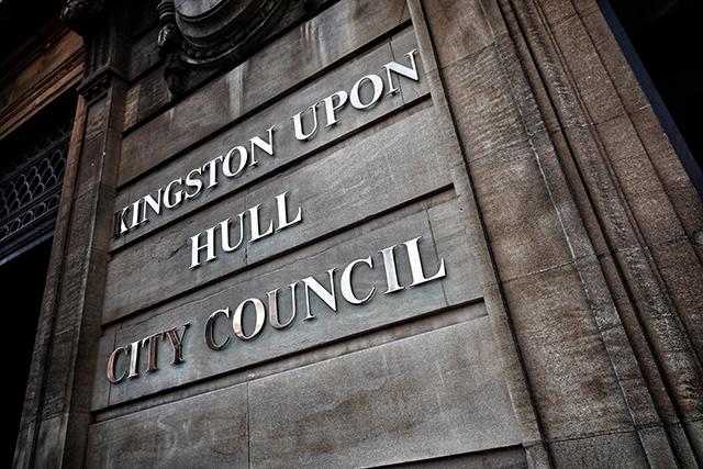Sign on the Guildhall saying Kingston upon Hull City Council